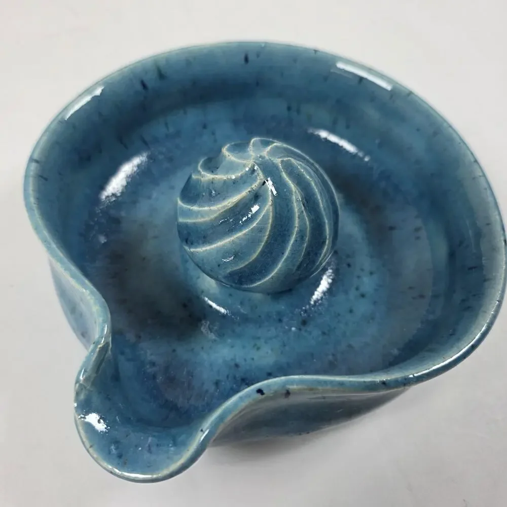 Vintage Artist Signed Pottery Orange Lemon Citrus Juicer Blue speckled